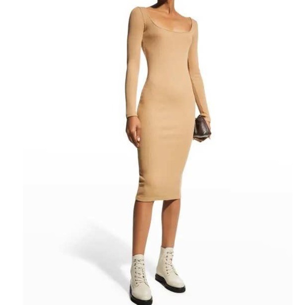 Monrow Ribbed Knit Long Sleeve Square Neck Midi Dress Tan Tencel Size Medium‎